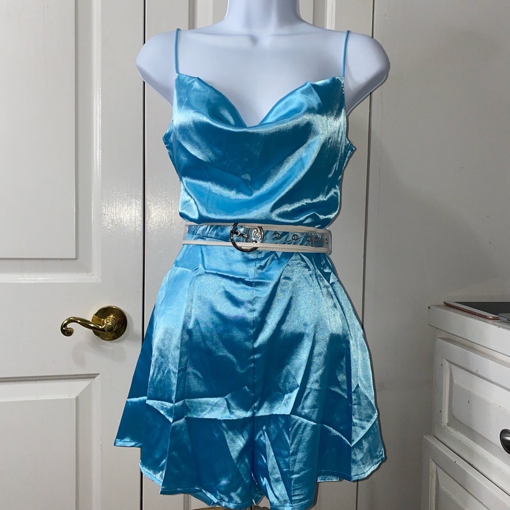 Blue Satin Backless Romper